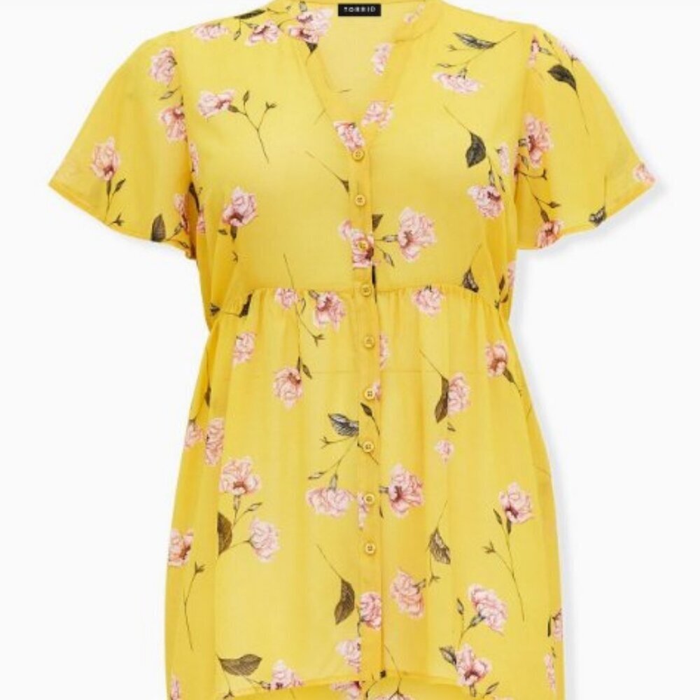 Torrid Lexie Babydoll Chiffon Top – Yellow Floral – Size 0 (L/12) NWOT - Picture 4 of 16